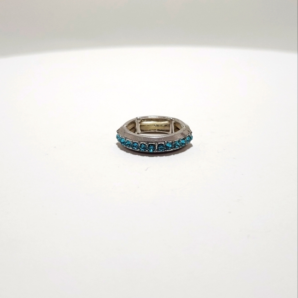 Gemstone Silvertone Stretch 7.25" Bracelet and 5.5 6.5 Ring Set Cyan Green Blue - Picture 11 of 11